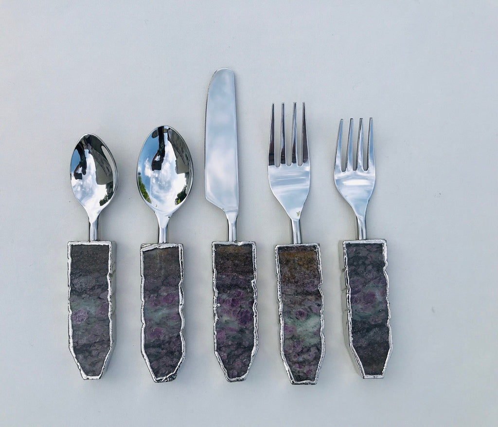 Set of 5 Pieces Lepidolite Gemstone/Agate Cutlery