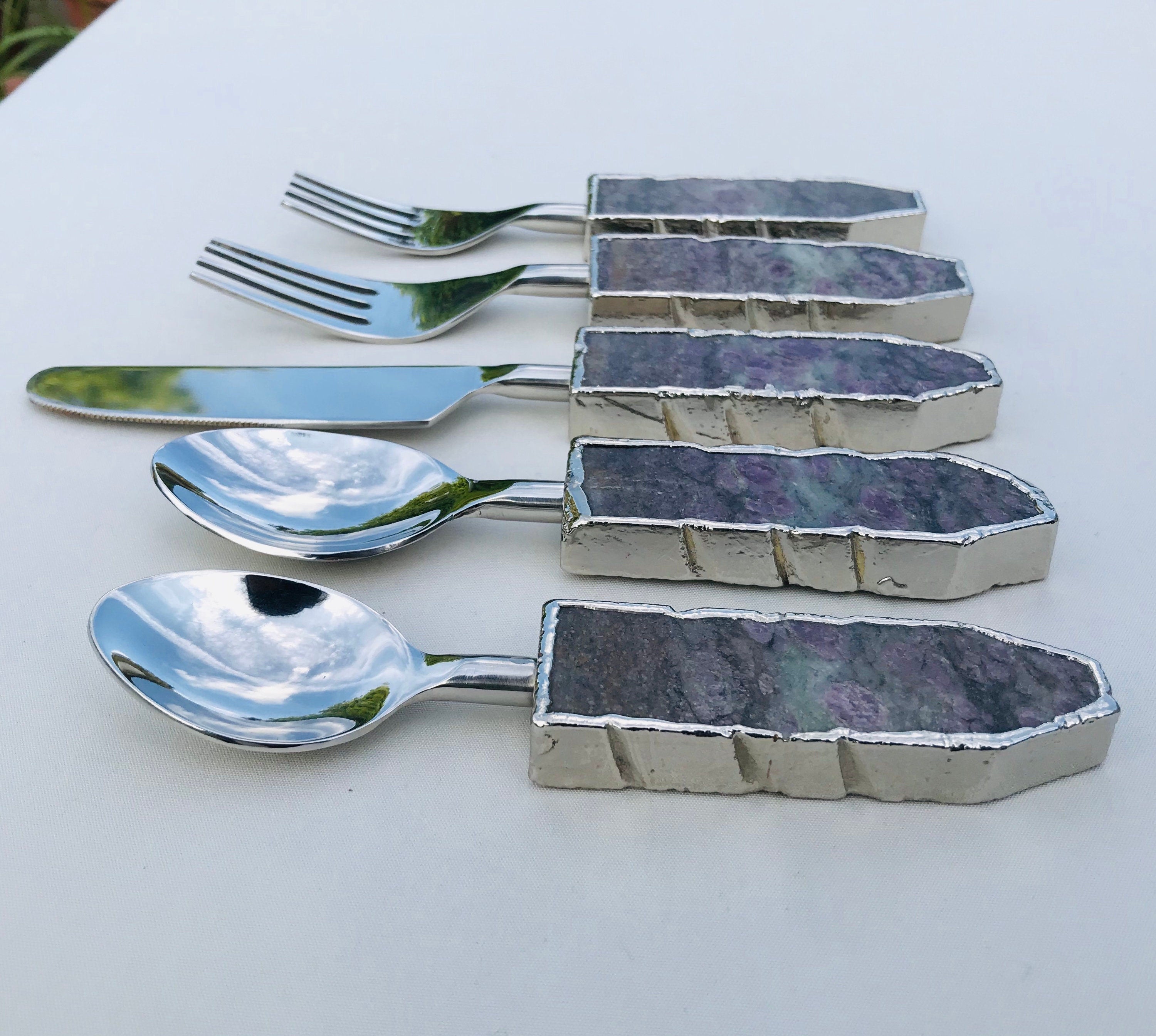 Set of 5 Pieces Lepidolite Gemstone/Agate Cutlery