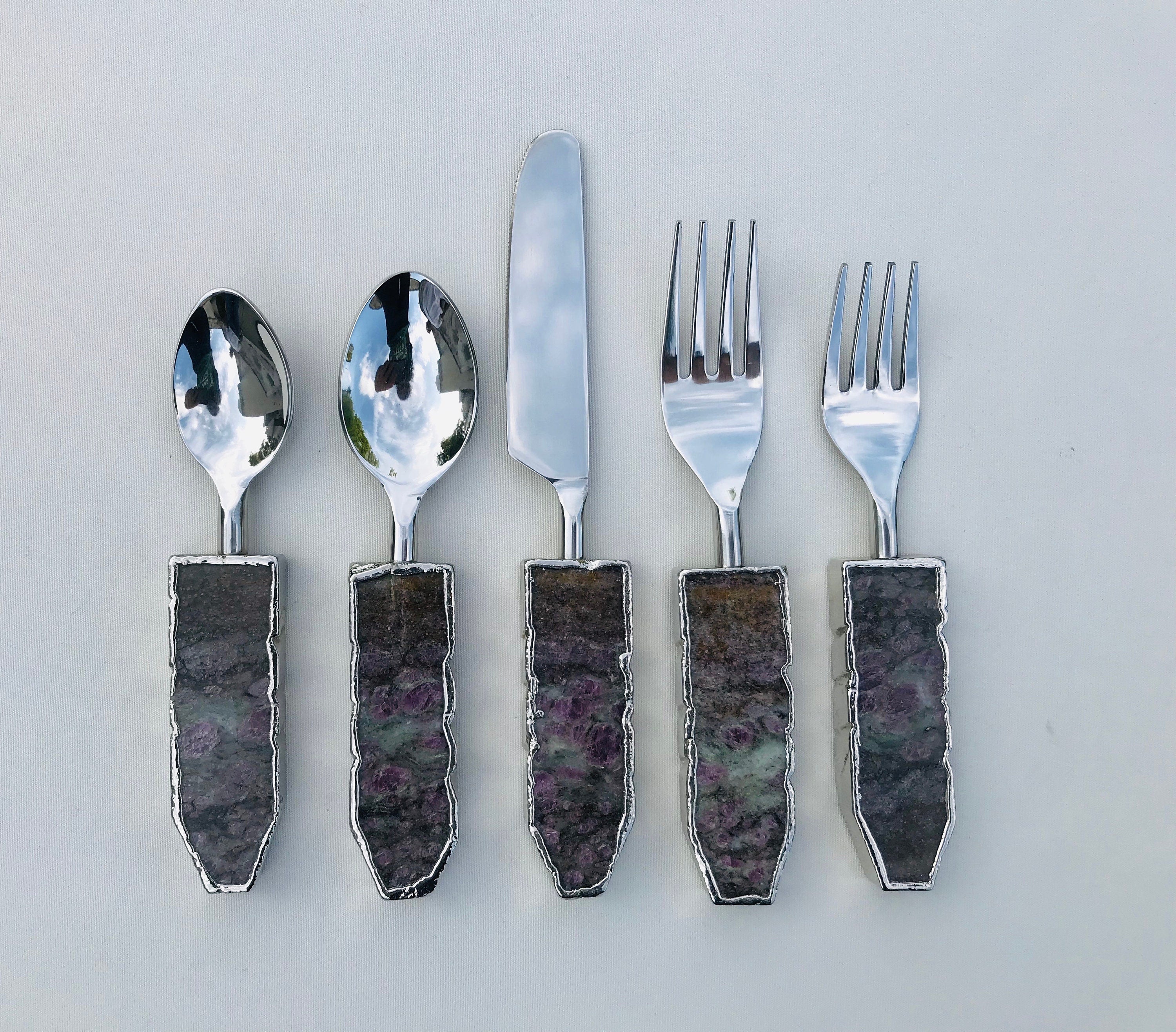 Set of 5 Pieces Lepidolite Gemstone/Agate Cutlery