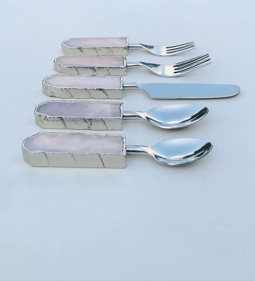 Set of 5 Pieces Rose Quartz/Agate Cutlery