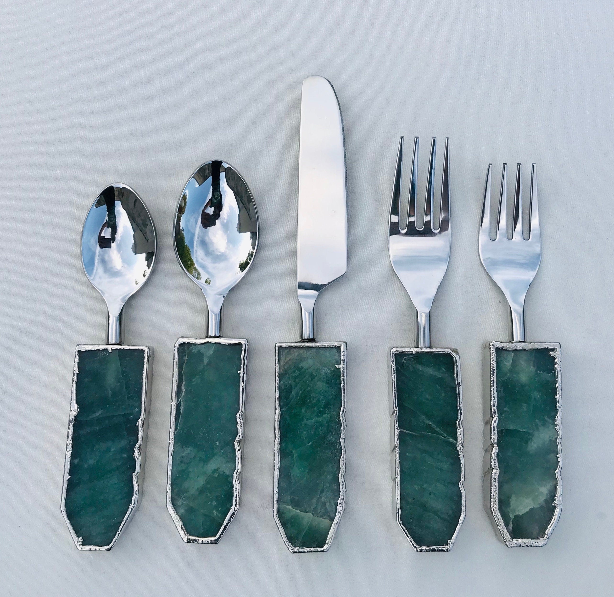 Set of 5 Pieces Green Agate Cutlery