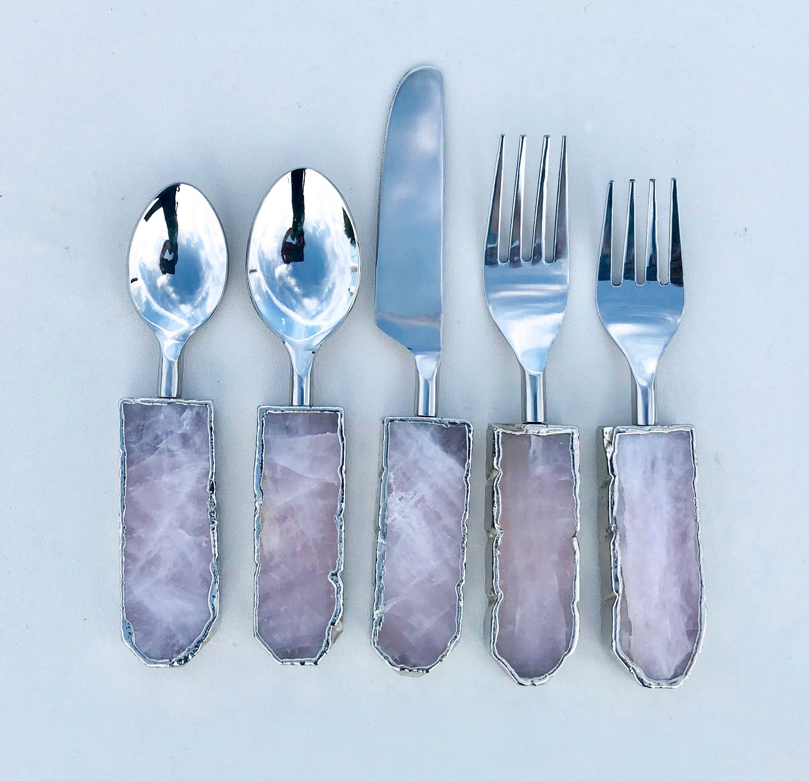 Set of 5 Pieces Rose Quartz/Agate Cutlery