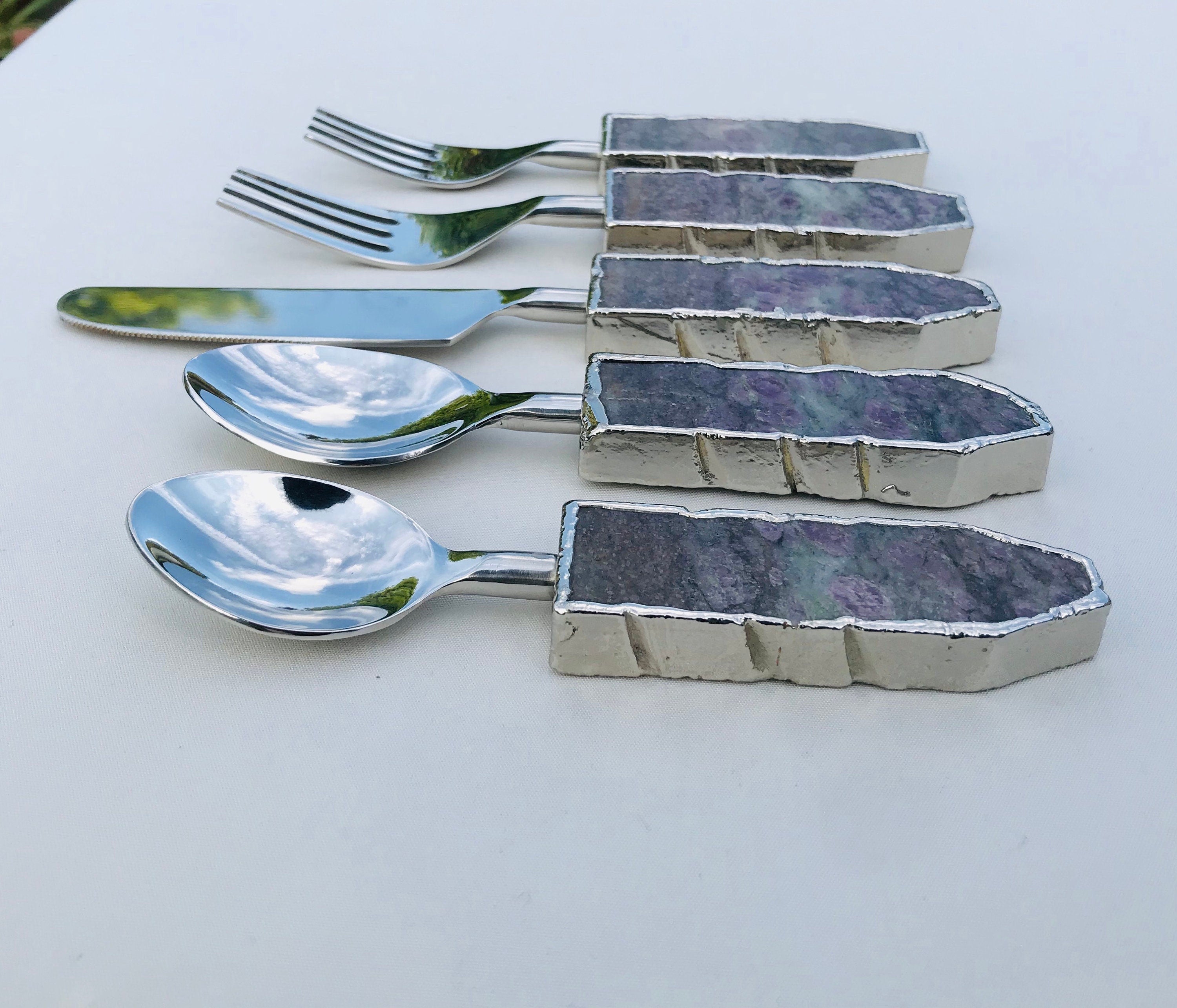 Set of 5 Pieces Lepidolite Gemstone/Agate Cutlery