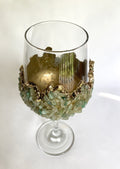 Set of 2 |Crystal Wine Glasses with Gold Plated Light Green Agate/Quartz Semi-precious Crystals | 16 oz/465 ml