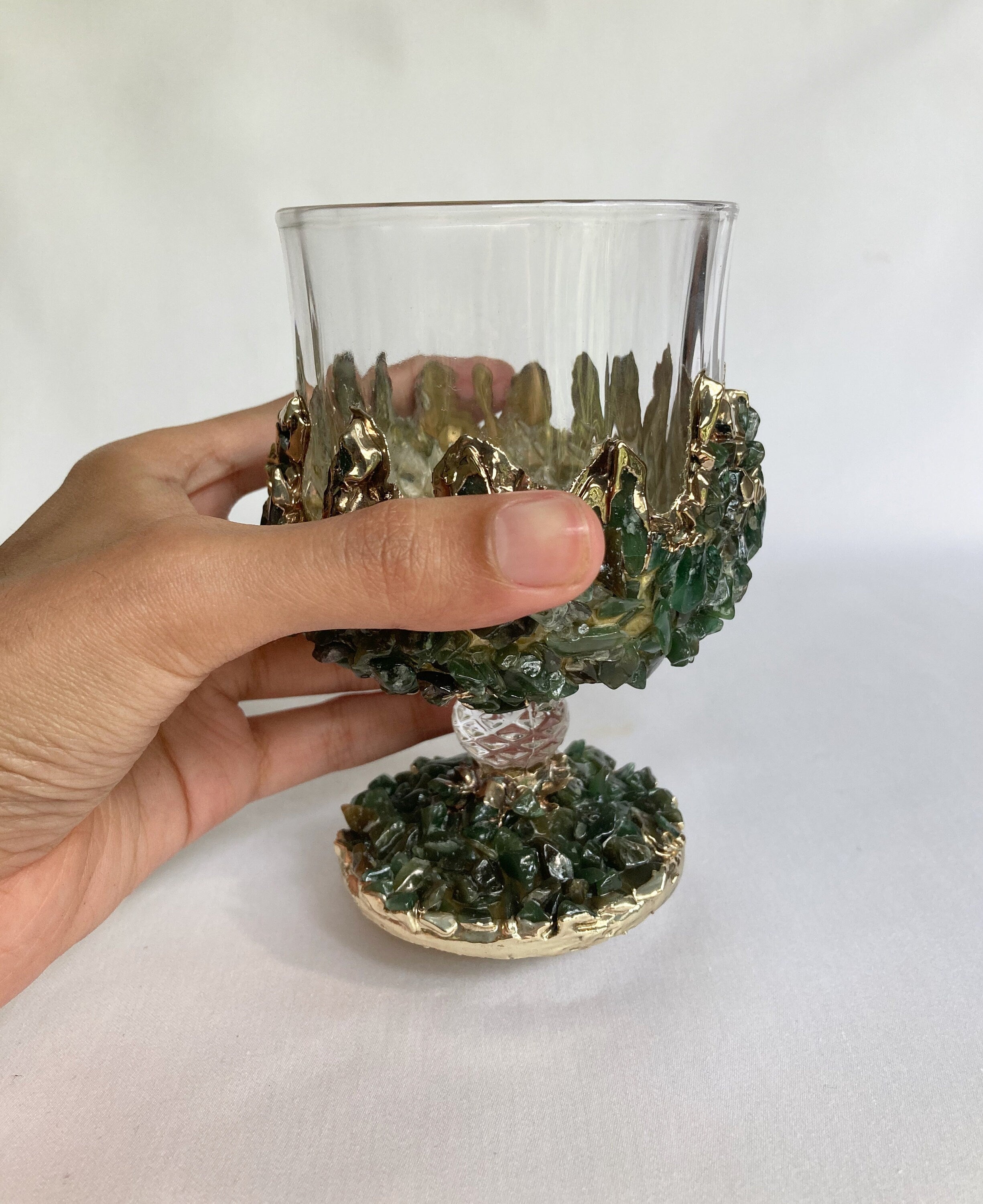 Set of 2 |Crystal Wine Glasses with Gold Plated Dark Green Agate/Quartz Semi-precious Crystals | 7 oz/210 ml