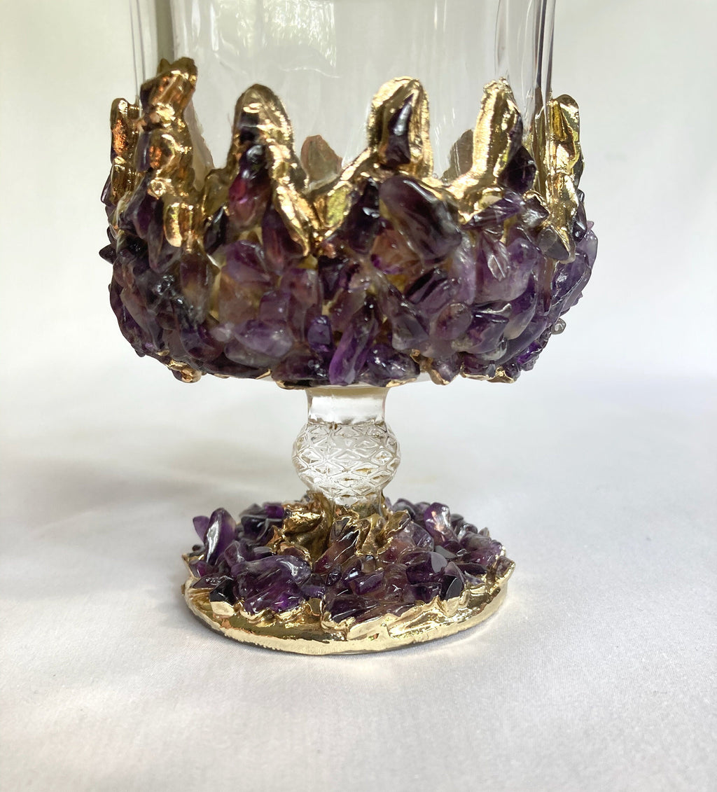 Set of 2 |Crystal Wine Glasses with Gold Plated Purple Amethyst Agate/Quartz Semi-precious Crystals | 7 oz/210 ml