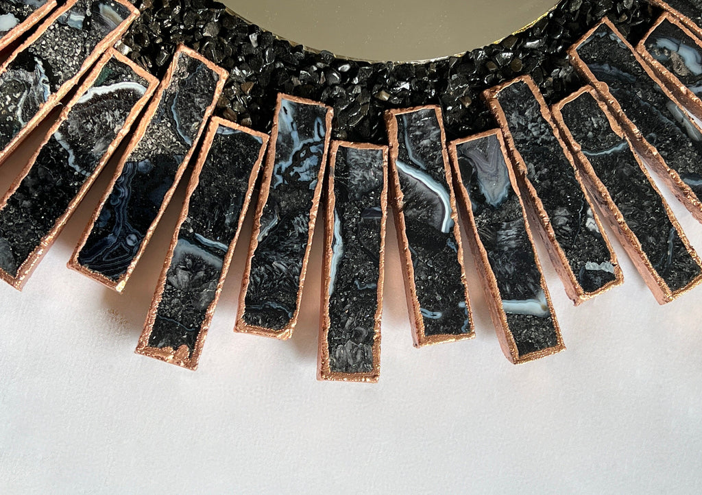 Starburst - Handmade 20" Round Rose Gold Plated Agate Mirror with Blue Black Agate Crystal Gemstones