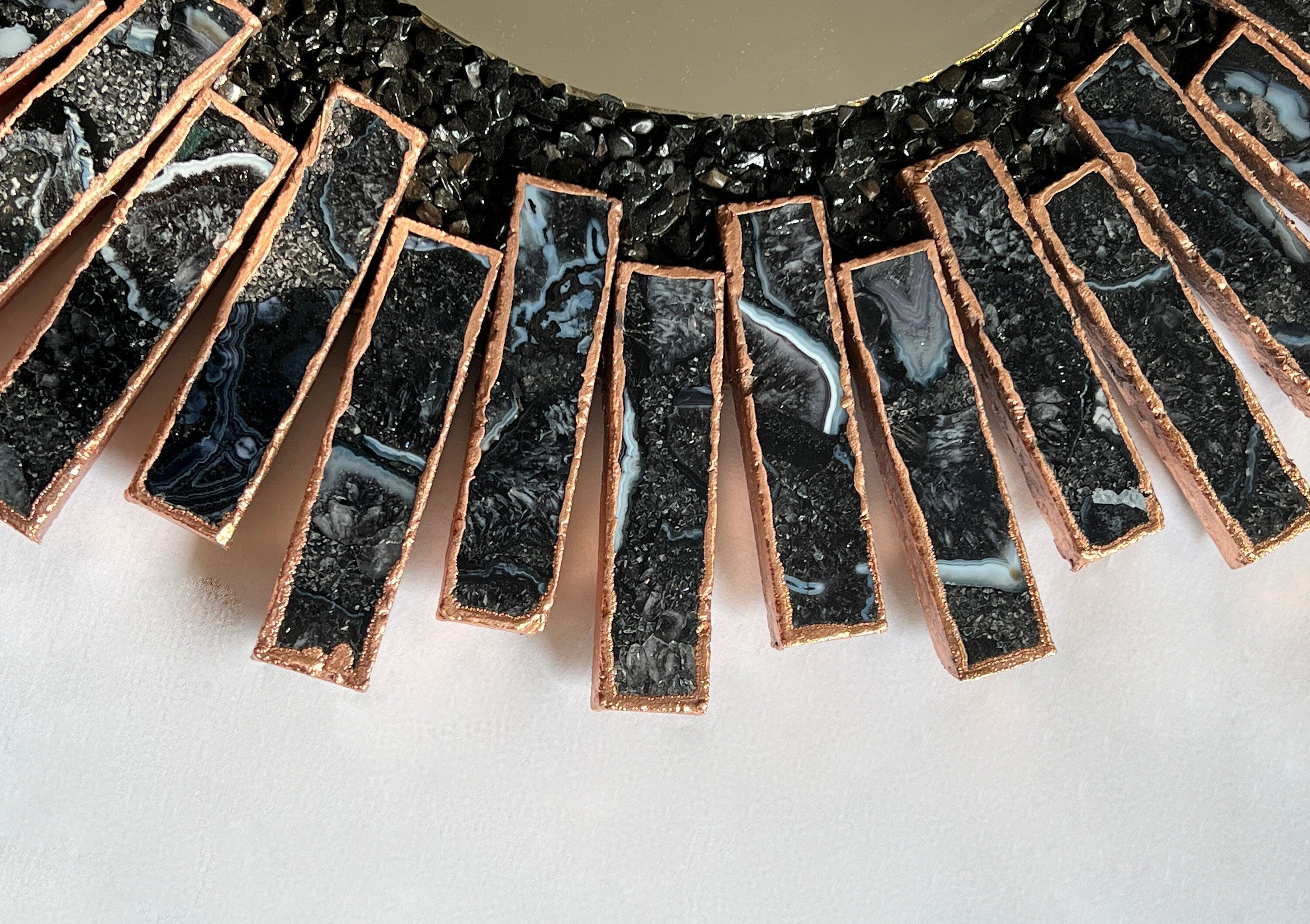Starburst - Handmade 20" Round Rose Gold Plated Agate Mirror with Blue Black Agate Crystal Gemstones