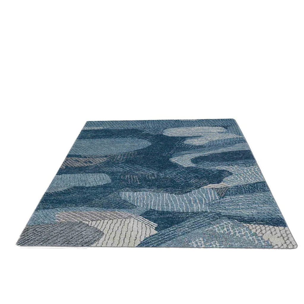 Shades of Blue | Abstract Design - Handcrafted Rug/Carpet | Pure New Zealand  Wool | Hand Tufted | High Pile | High Density | Yarn Dyed