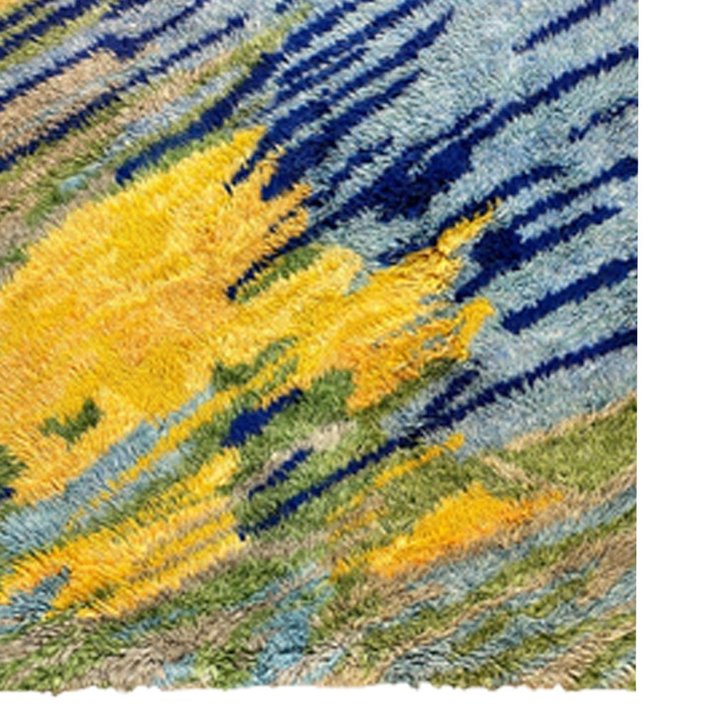 Blue, Yellow, Green | Abstract Design - Handcrafted Rug/Carpet | Pure New Zealand Wool | Hand Tufted | High Pile | High Density | Yarn Dyed