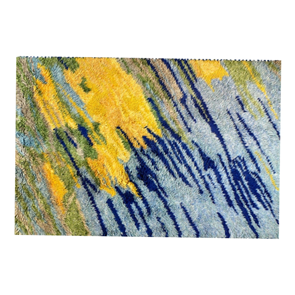 Blue, Yellow, Green | Abstract Design - Handcrafted Rug/Carpet | Pure New Zealand Wool | Hand Tufted | High Pile | High Density | Yarn Dyed