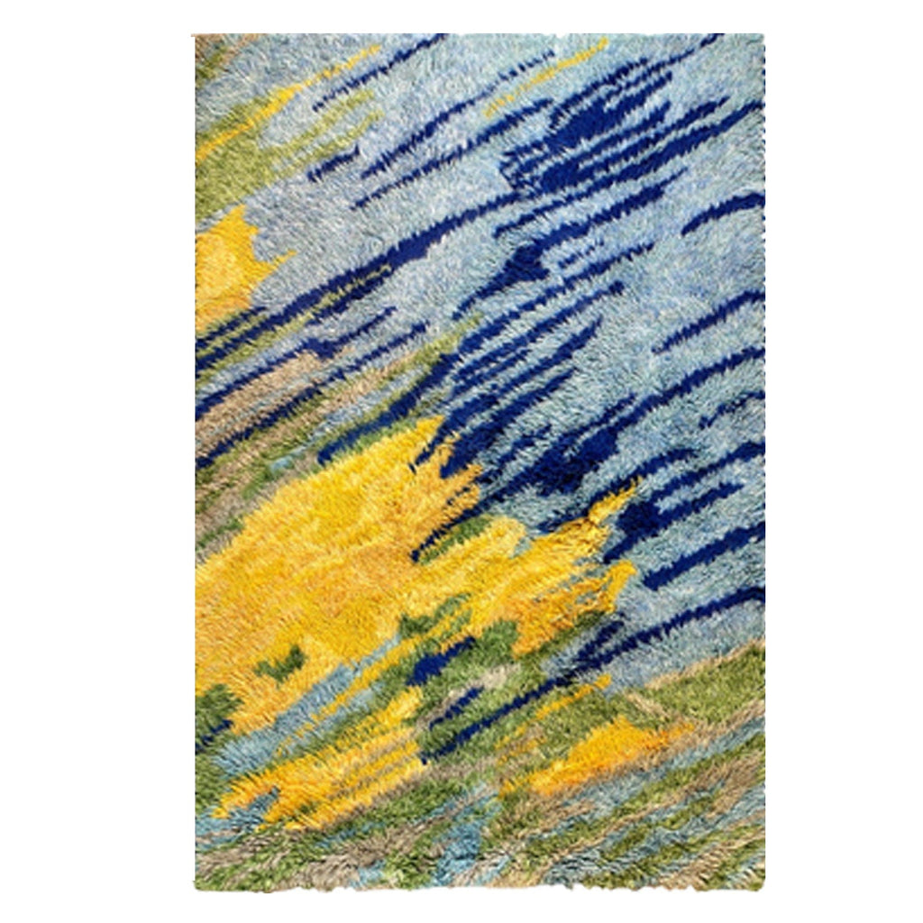 Blue, Yellow, Green | Abstract Design - Handcrafted Rug/Carpet | Pure New Zealand Wool | Hand Tufted | High Pile | High Density | Yarn Dyed