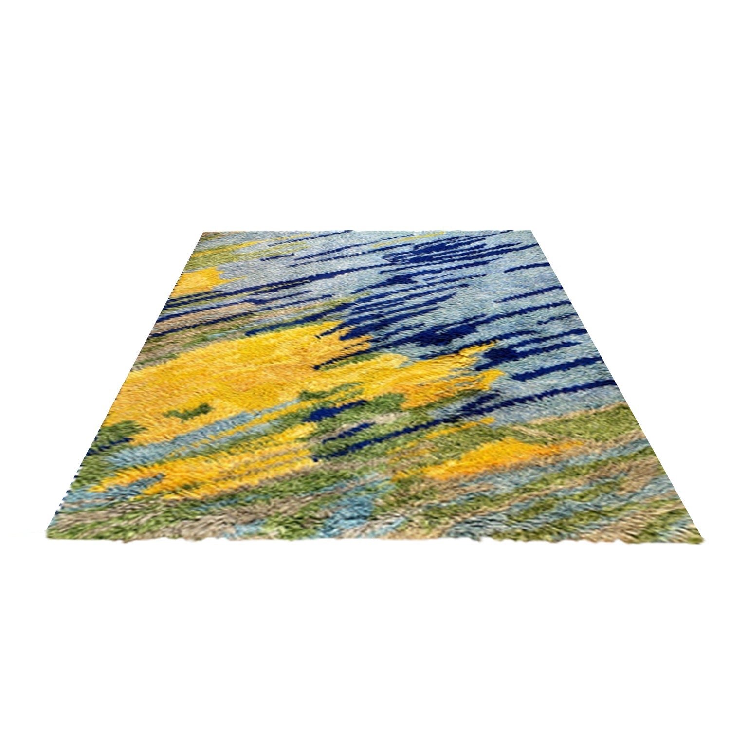 Blue, Yellow, Green | Abstract Design - Handcrafted Rug/Carpet | Pure New Zealand Wool | Hand Tufted | High Pile | High Density | Yarn Dyed