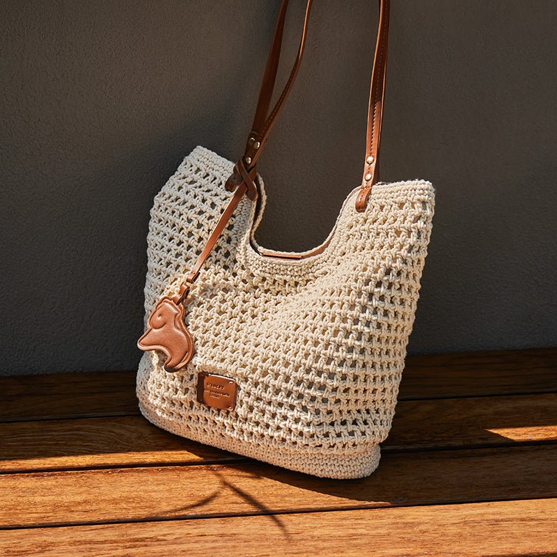 Ivory Sand Crochet Knit Tote Shoulder Bag