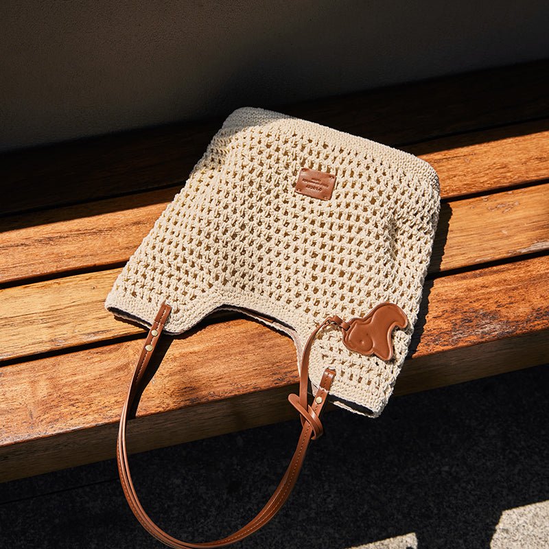 Ivory Sand Crochet Knit Tote Shoulder Bag
