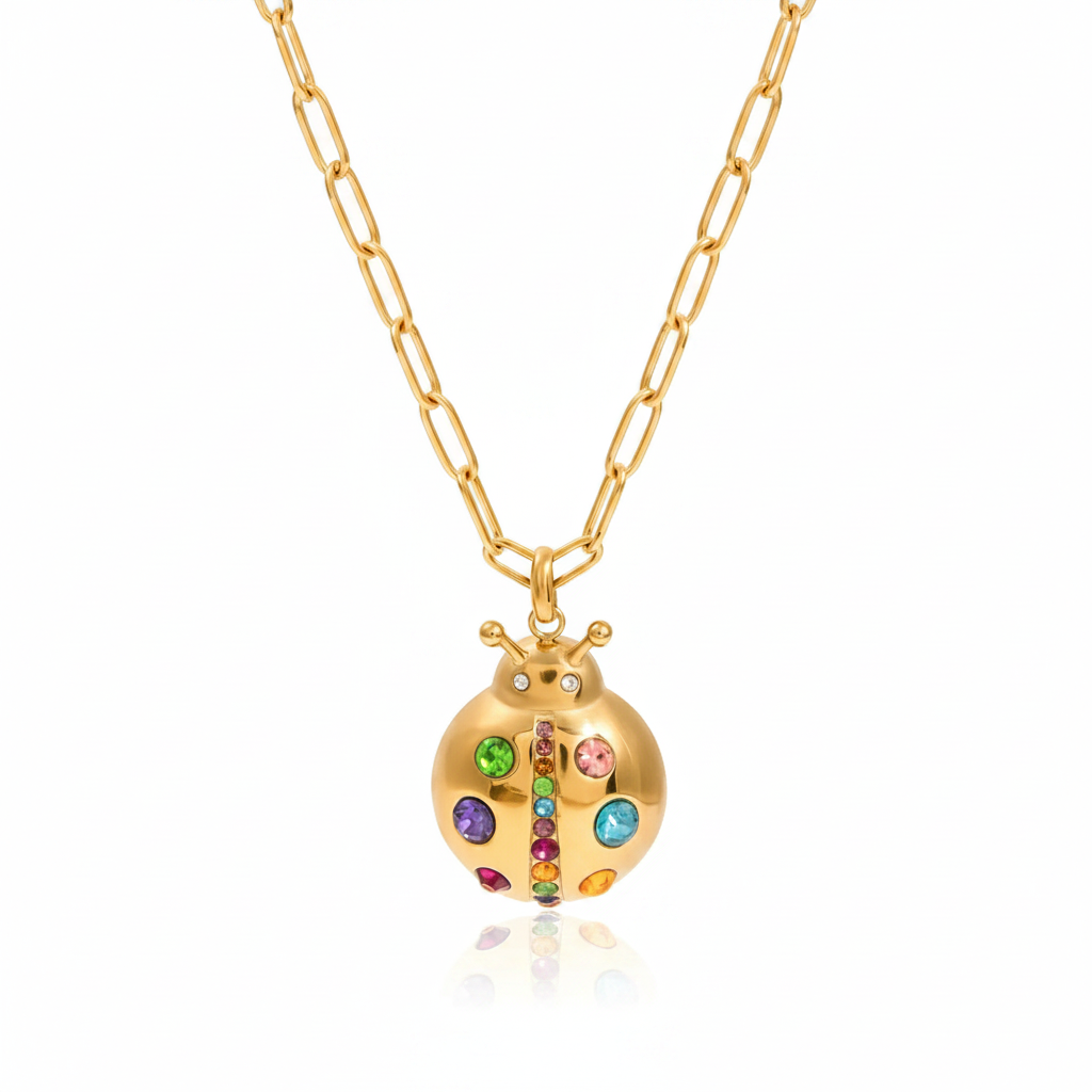 Vibrant Gold Zircon Ladybug Pendant Necklace-4