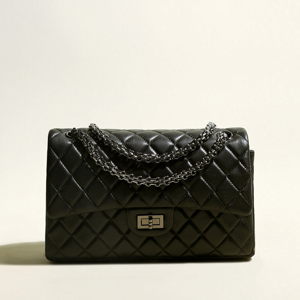 Large Black Quilted Lambskin Leather Flap Shoulder Bag – Diamond Quilted Chain Strap Crossbody