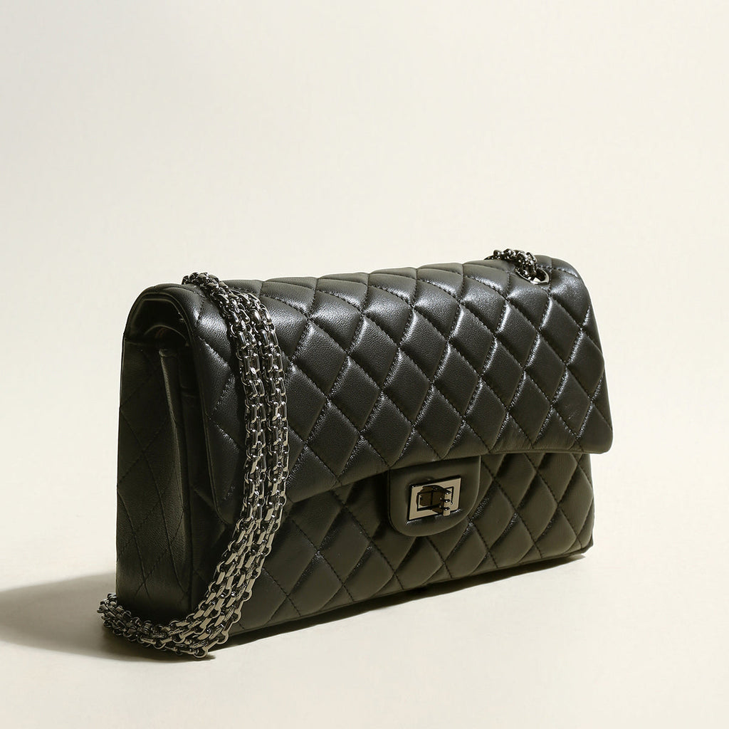 Large Black Quilted Lambskin Leather Flap Shoulder Bag – Diamond Quilted Chain Strap Crossbody