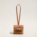 Brown Leather Crafted AirPods Case Wrist Pouch – Premium Calfskin Earbuds Holder with Turn-Lock Closure