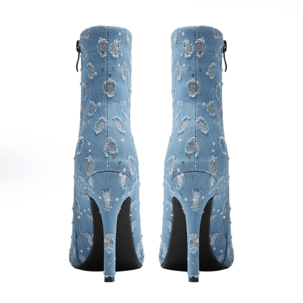Light Blue Denim Distressed Dots Pointed Ankle Boots