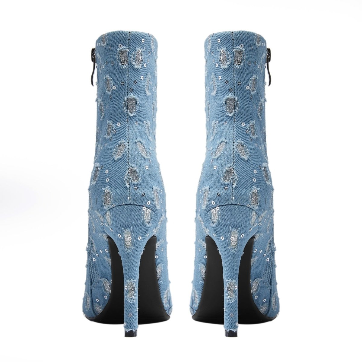 Light Blue Denim Distressed Dots Pointed Ankle Boots