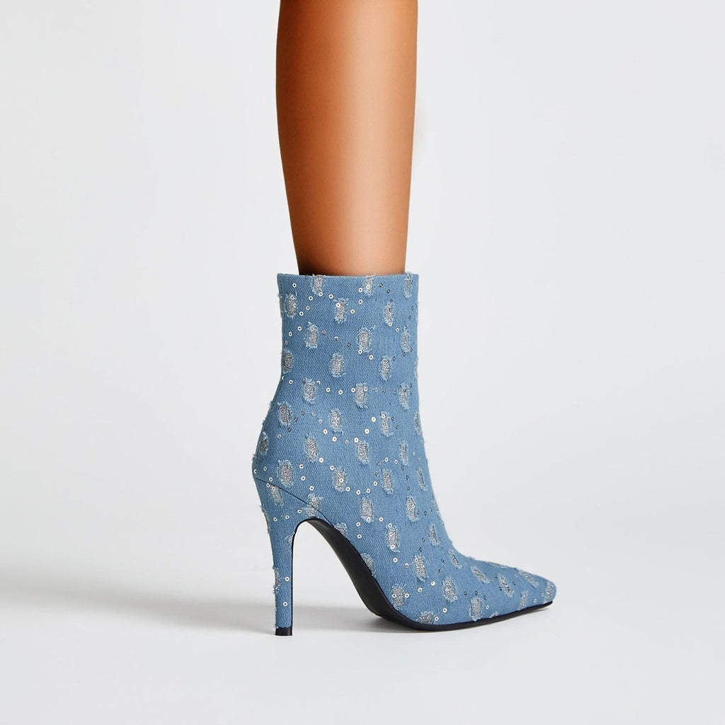 Light Blue Denim Distressed Dots Pointed Ankle Boots