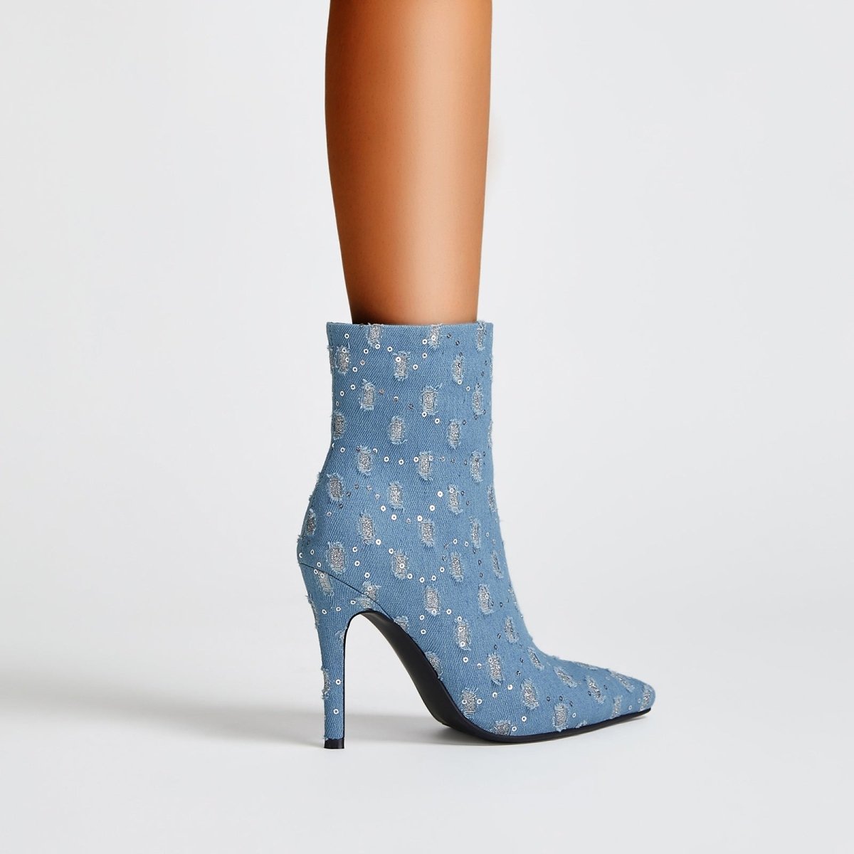 Light Blue Denim Distressed Dots Pointed Ankle Boots