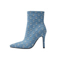 Light Blue Denim Distressed Dots Pointed Ankle Boots