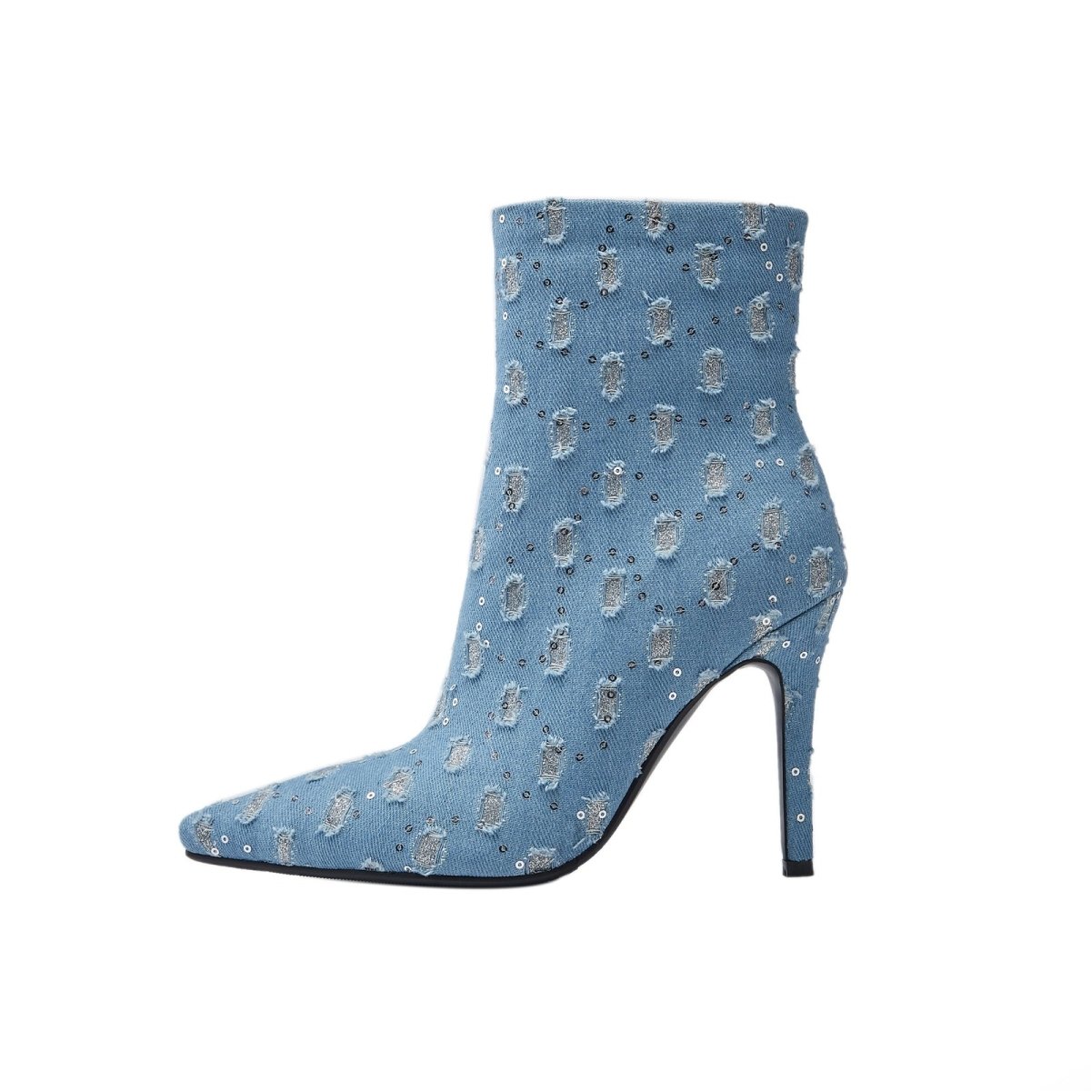 Light Blue Denim Distressed Dots Pointed Ankle Boots