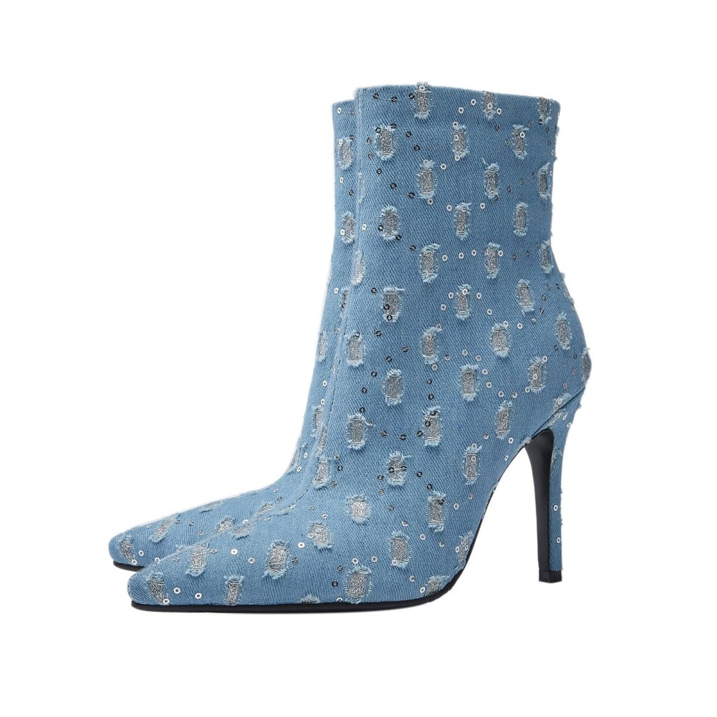 Light Blue Denim Distressed Dots Pointed Ankle Boots