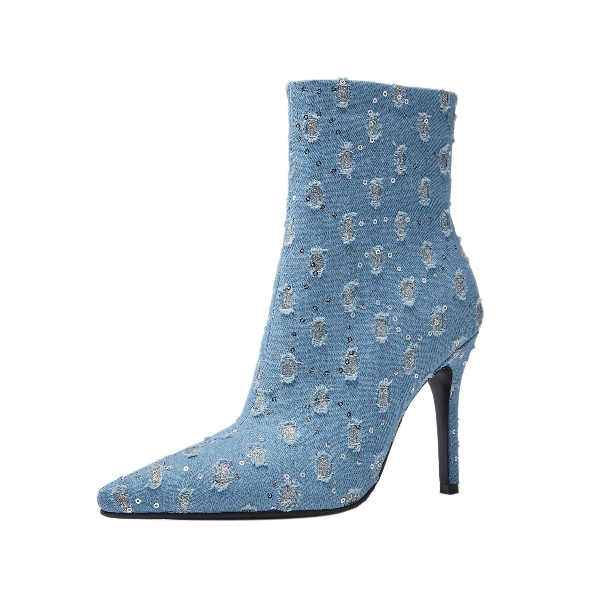 Light Blue Denim Distressed Dots Pointed Ankle Boots