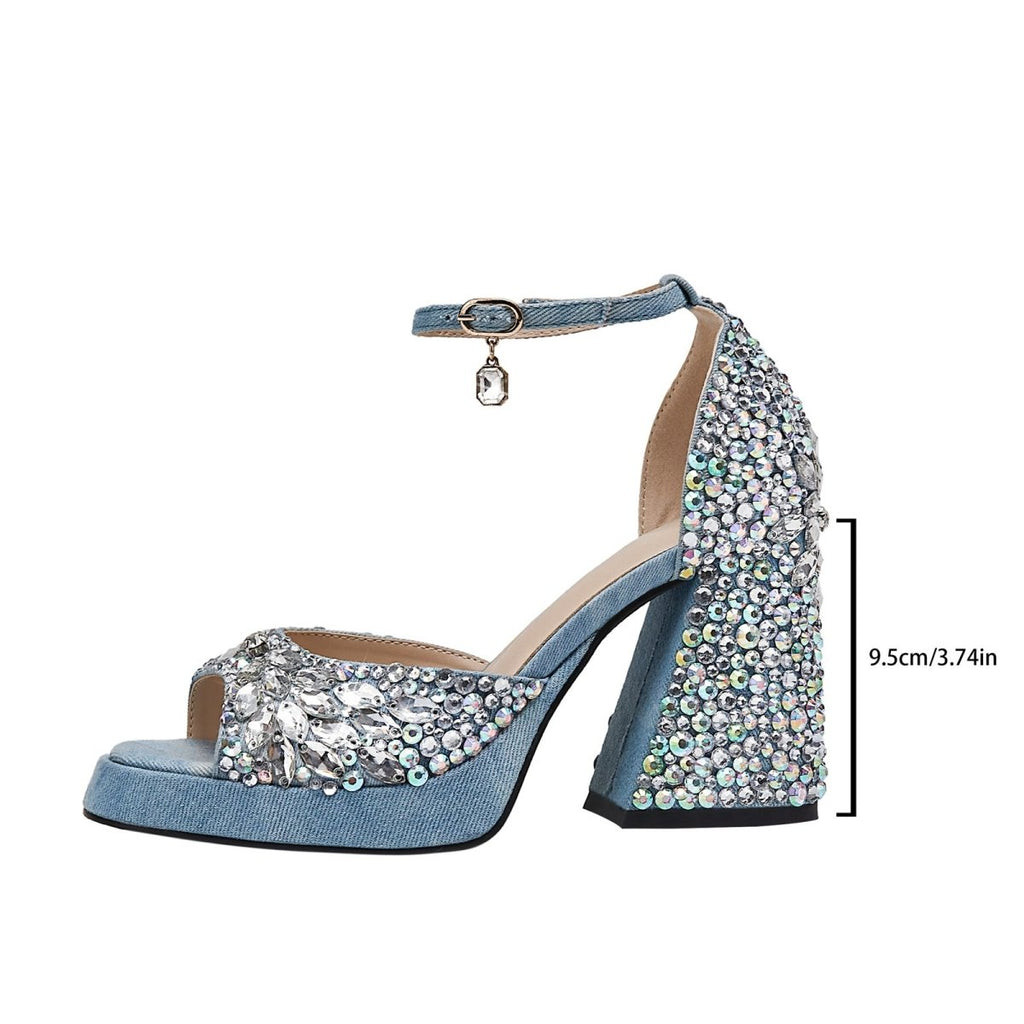 Light Blue Gem Encrusted Peep Toe Ankle Strap Sandals