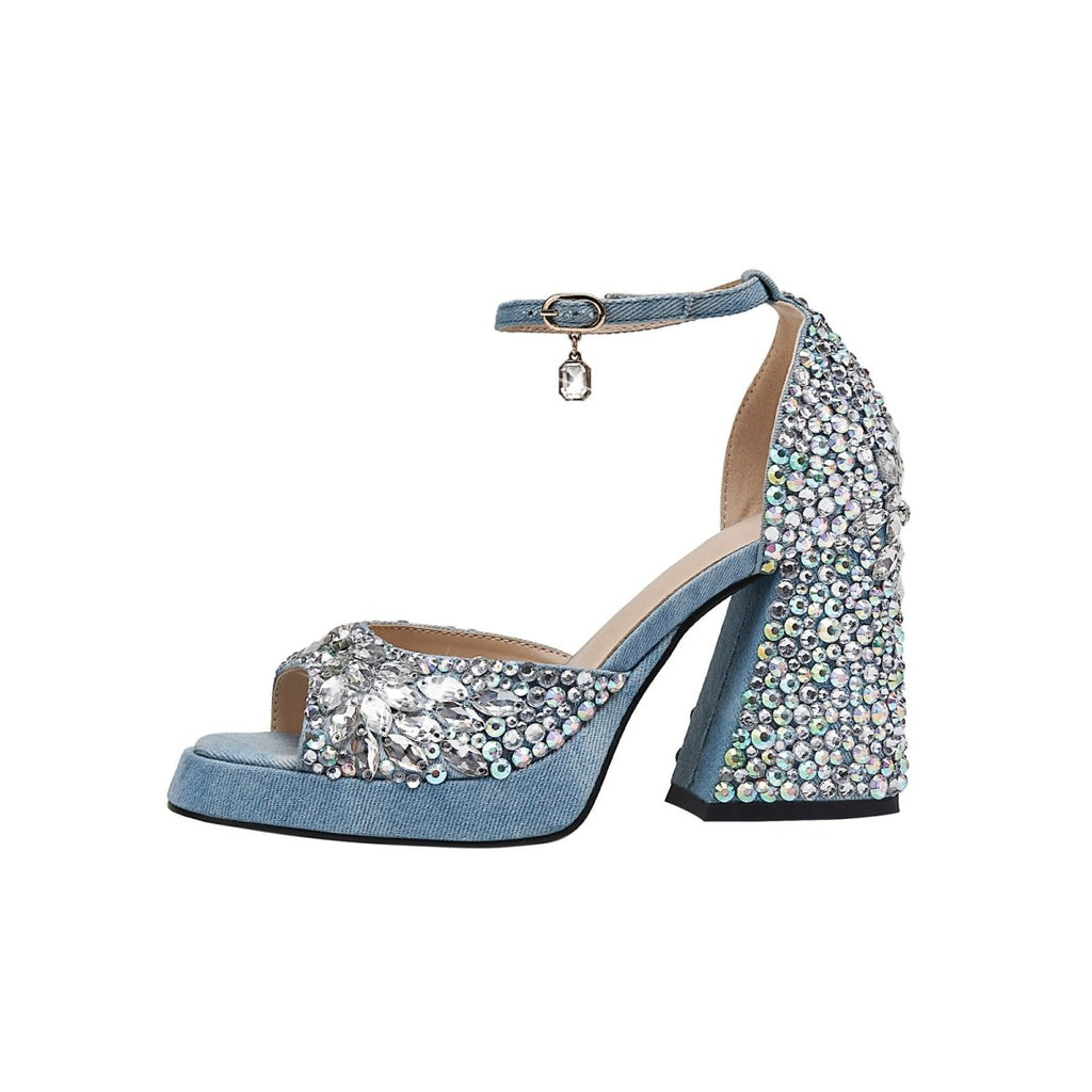 Light Blue Gem Encrusted Peep Toe Ankle Strap Sandals