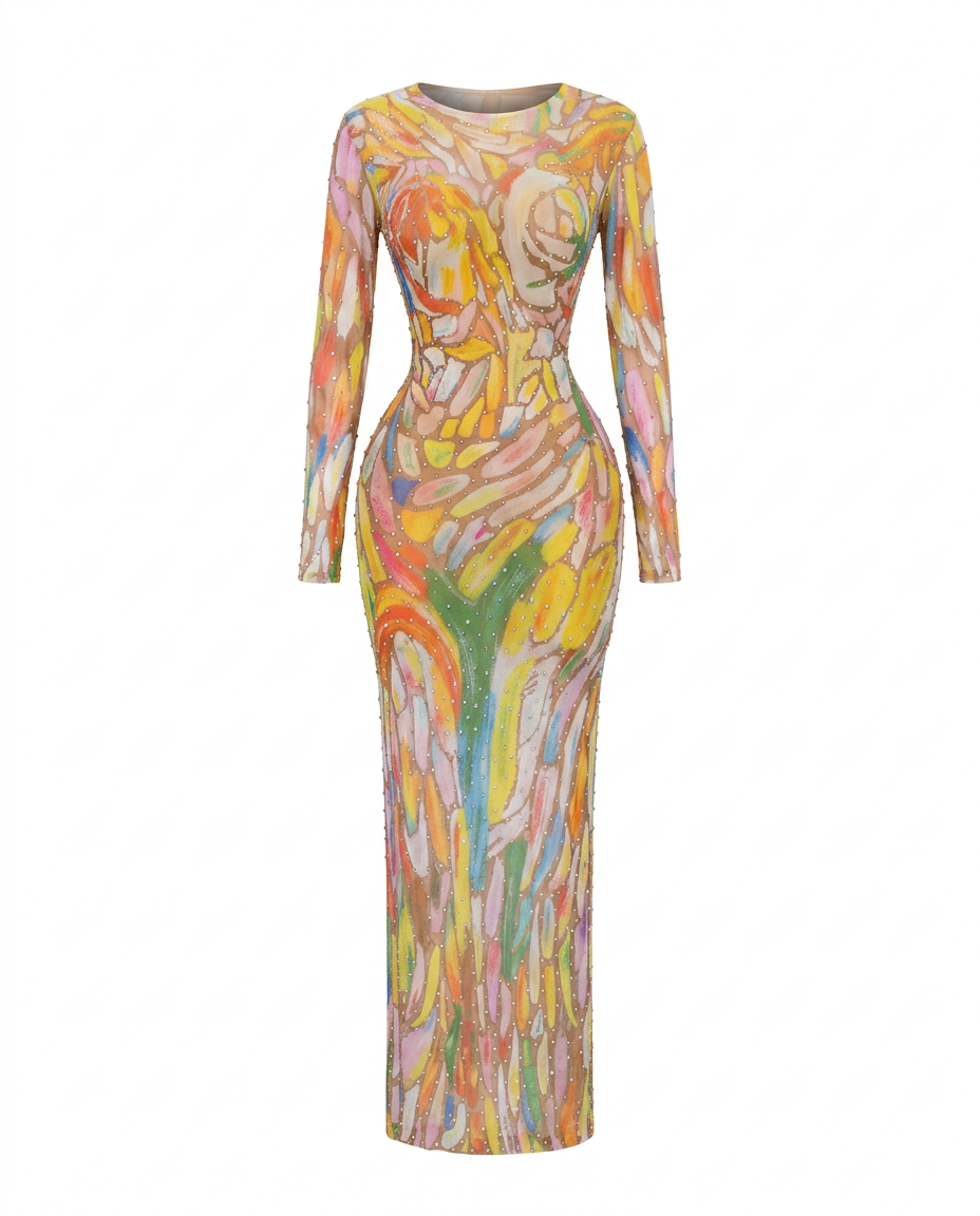 Vibrant Rhinestone Mesh Maxi Dress-2