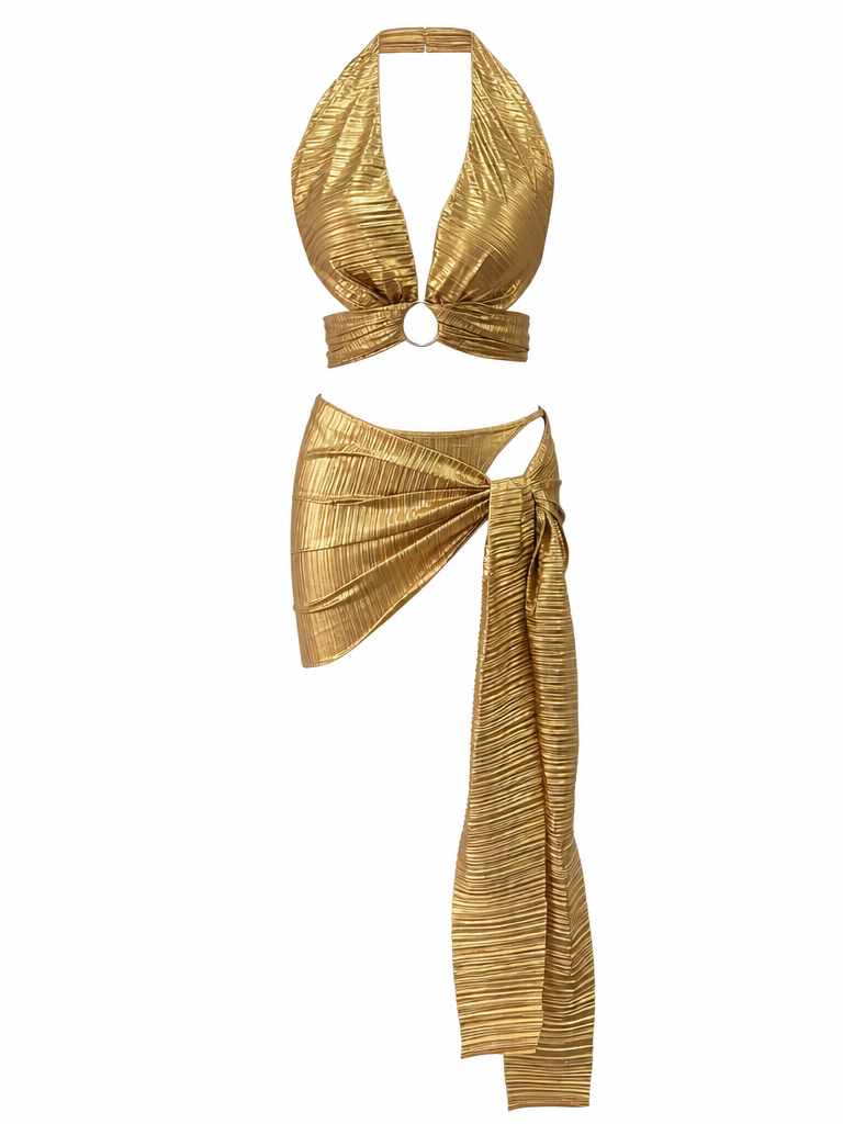 Golden Halter Cutout Swimsuit-3