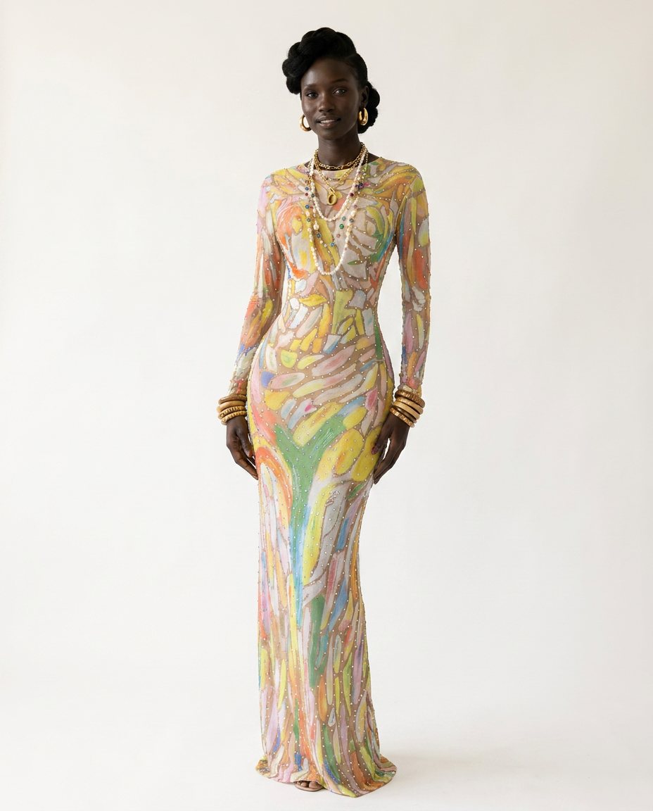 Vibrant Rhinestone Mesh Maxi Dress-0