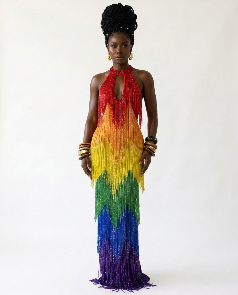 [PRE ORDER] Vibrant Rainbow Fringe Mesh Maxi Dress