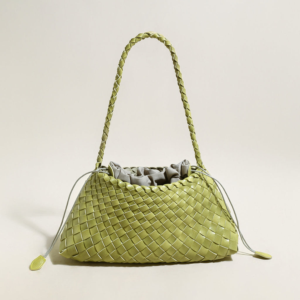 Mini Woven Trapezoid Drawstring Shoulder Bag – Handwoven Microfiber Leather Shoulder Bag