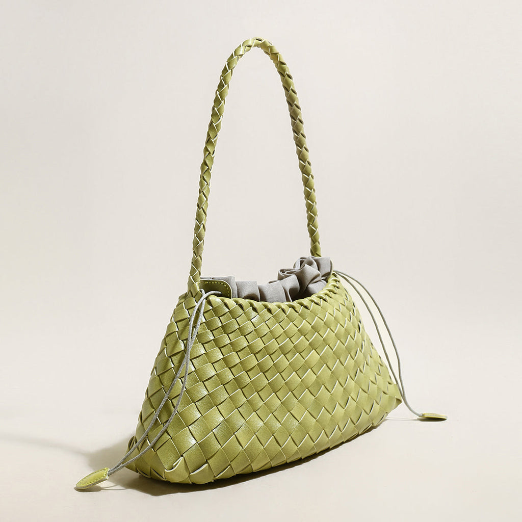 Mini Woven Trapezoid Drawstring Shoulder Bag – Handwoven Microfiber Leather Shoulder Bag