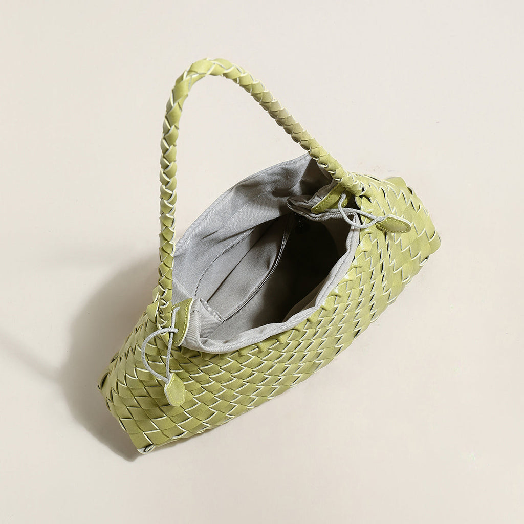 Mini Woven Trapezoid Drawstring Shoulder Bag – Handwoven Microfiber Leather Shoulder Bag