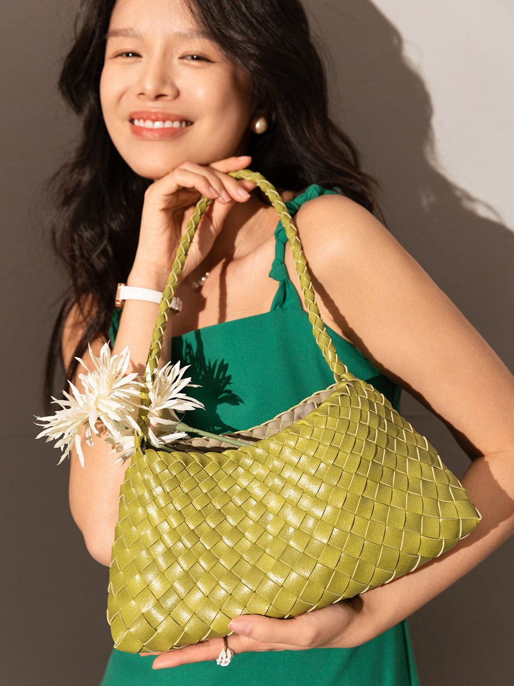 Mini Woven Trapezoid Drawstring Shoulder Bag – Handwoven Microfiber Leather Shoulder Bag