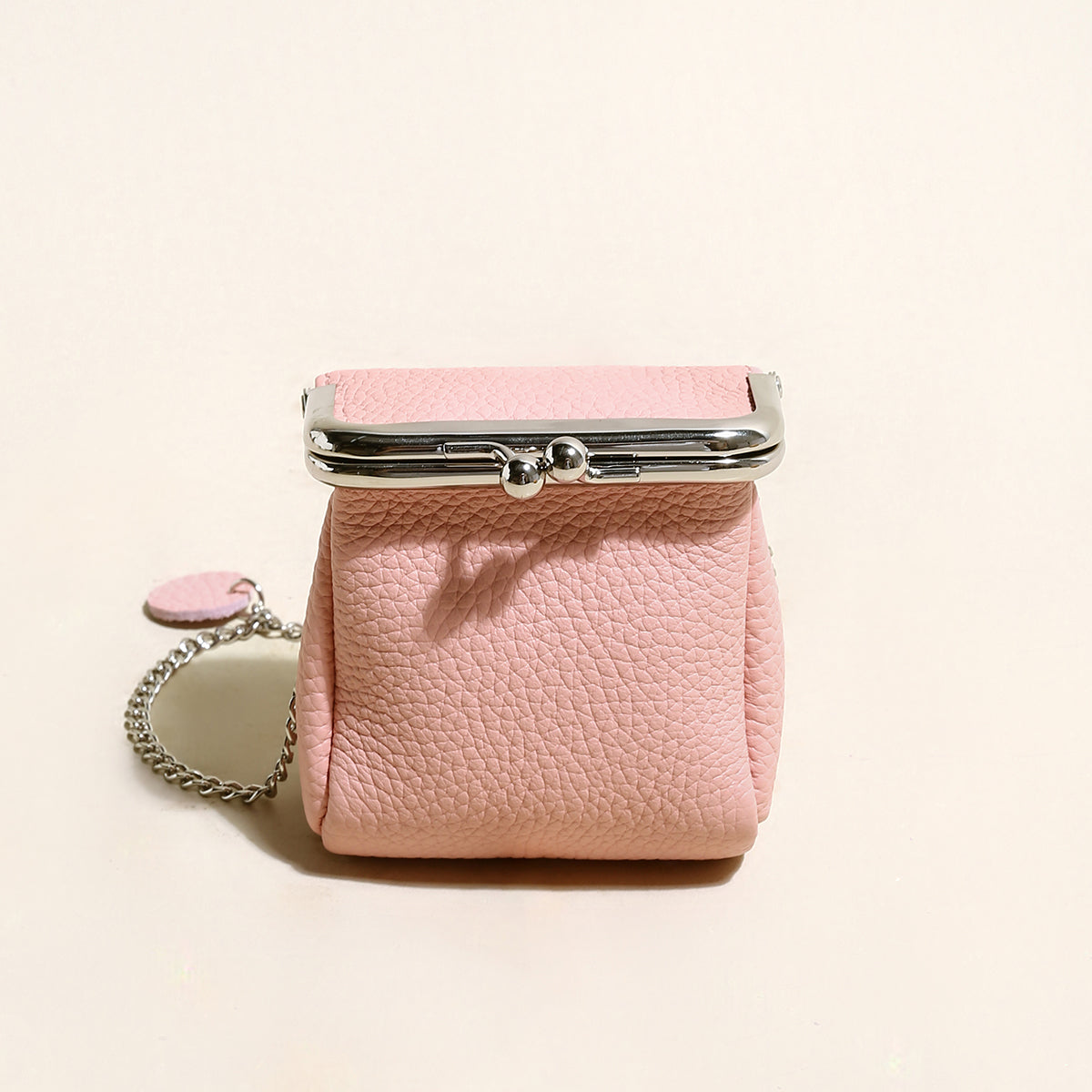 Pink Ball Clasp Wallet with Adjustable Chain Strap – Pebble-Grain Leather Kiss-Lock Mini Bag