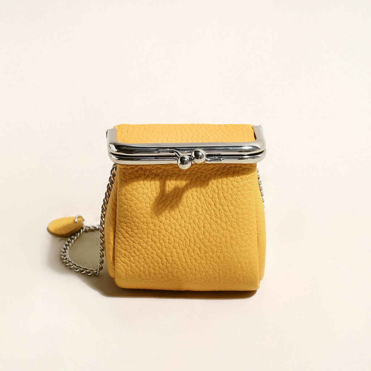 Yellow Ball Clasp Wallet with Adjustable Chain Strap – Pebble-Grain Leather Kiss-Lock Mini Bag