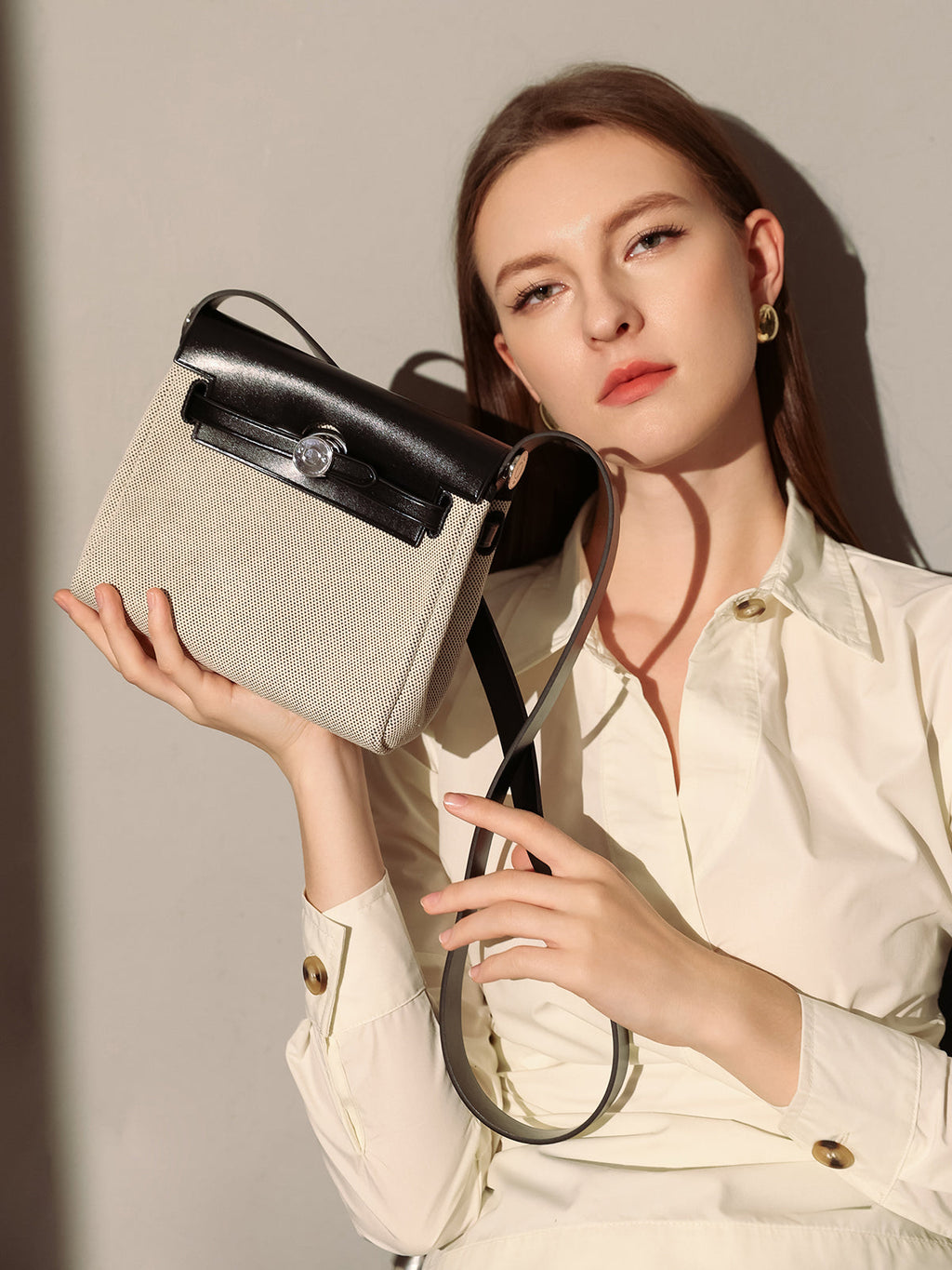 Monet Mini Canvas & Leather Crossbody Bag – Structured Colorblock Shoulder Bag with Turn-Lock Closure