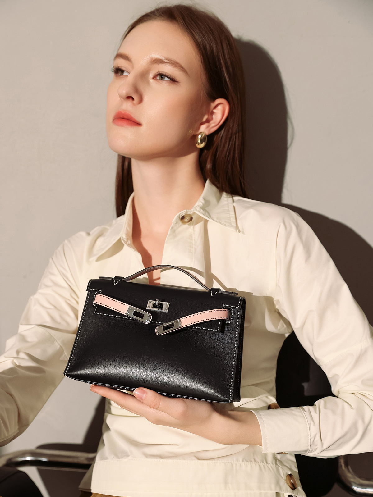 Monroe Colorblock Leather Satchel – Structured Top Handle Bag with Turn-Lock Closure & Chain Strap