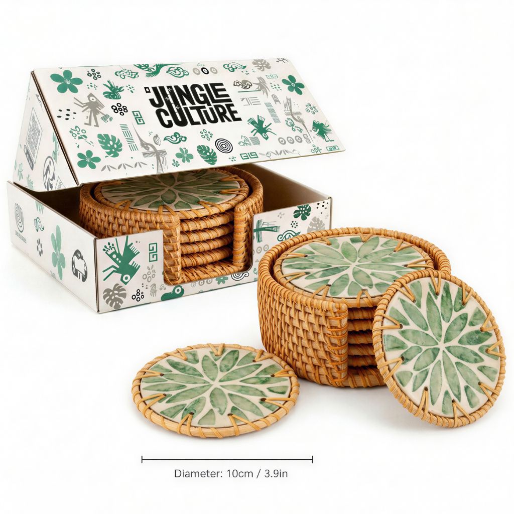 Handmade Natural Rattan & Mother of Pearl Coaster Set (6 Piece + Holder) • Everglade