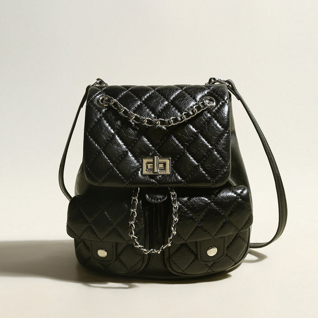 Multi-Pocket Chainstrap Quilted Backpack – Diamond-Quilted Leather Backpack with Silver Chain Straps & Turn-Lock Closure