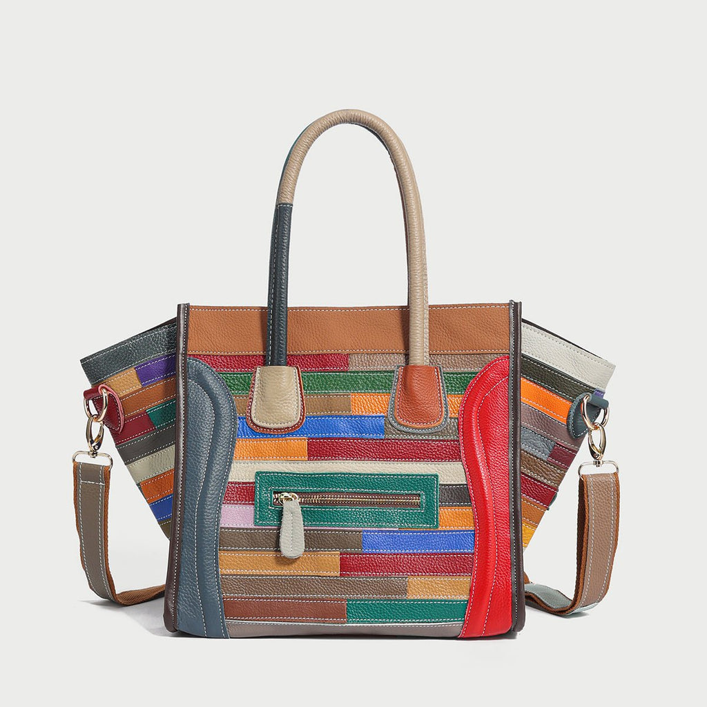 Multicolor Patchwork Leather Trapeze Tote Bag – Abstract Linear Top Handle with Detachable Strap