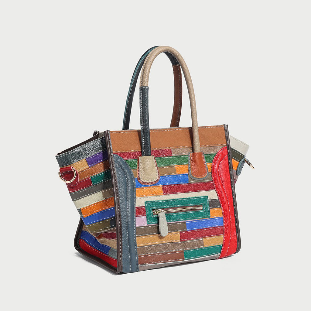 Multicolor Patchwork Leather Trapeze Tote Bag – Abstract Linear Top Handle with Detachable Strap