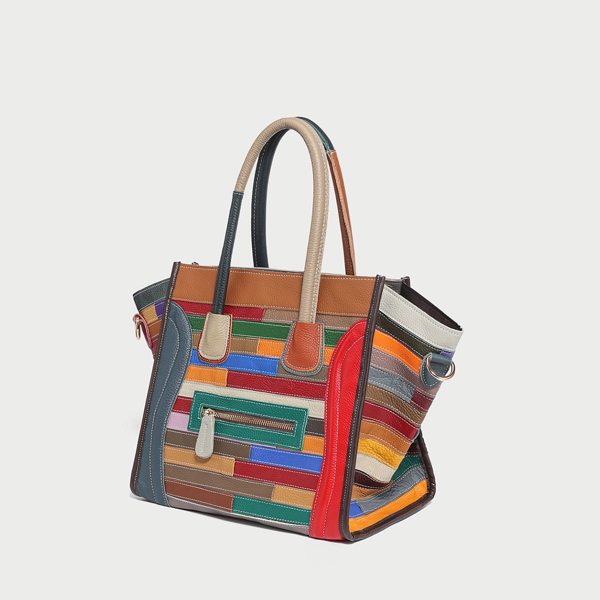 Multicolor Patchwork Leather Trapeze Tote Bag – Abstract Linear Top Handle with Detachable Strap